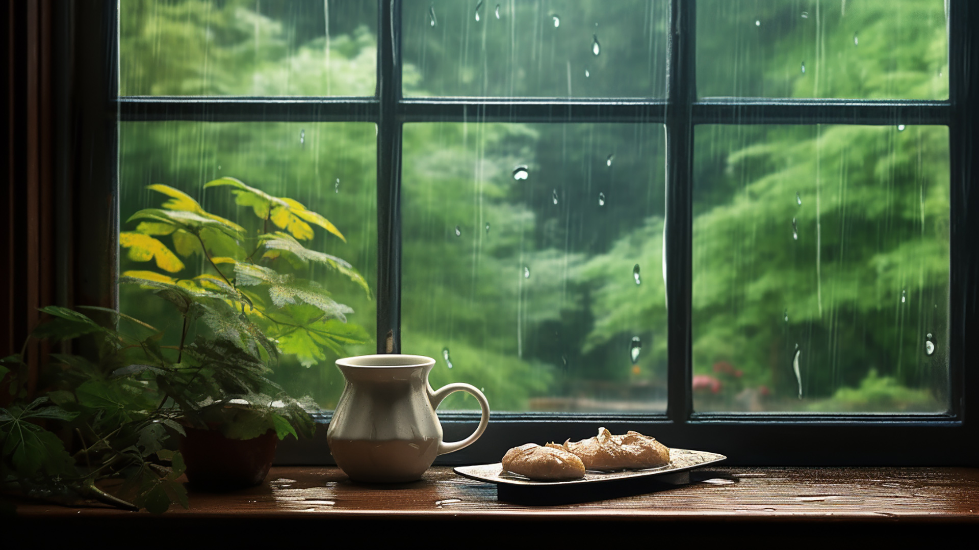 Rainy window wallpapers to create a cozy home office ambiance
