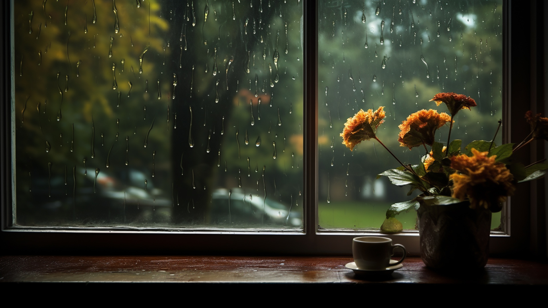 Serene rainy view desktop backgrounds for stress relief