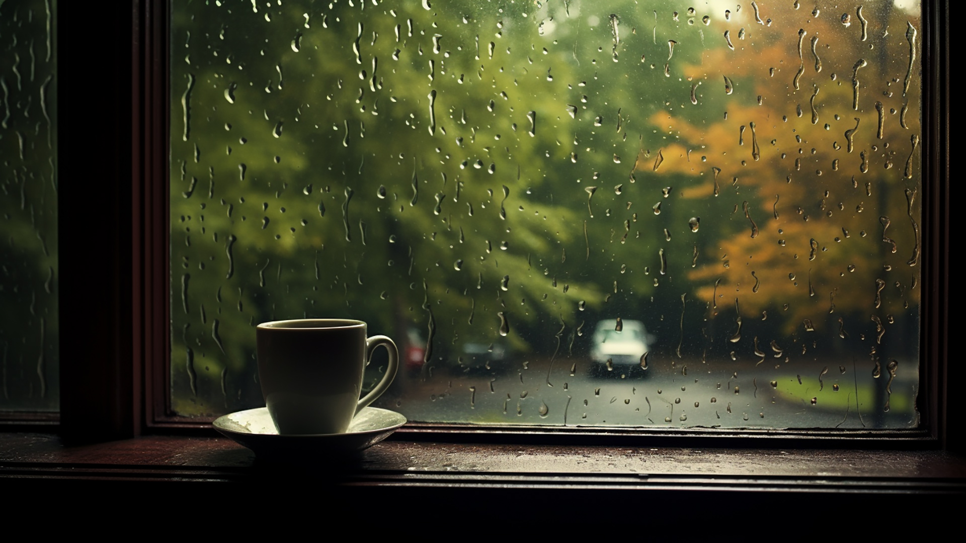 Mindful desktop moments: Rainy view wallpapers for relaxation 1920x1080