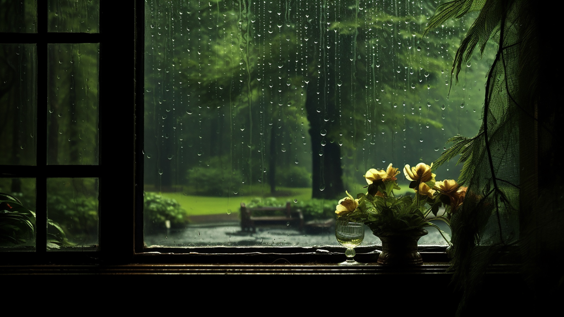 HD Raindrop artistry: Detailed rainy window scenes for desktops