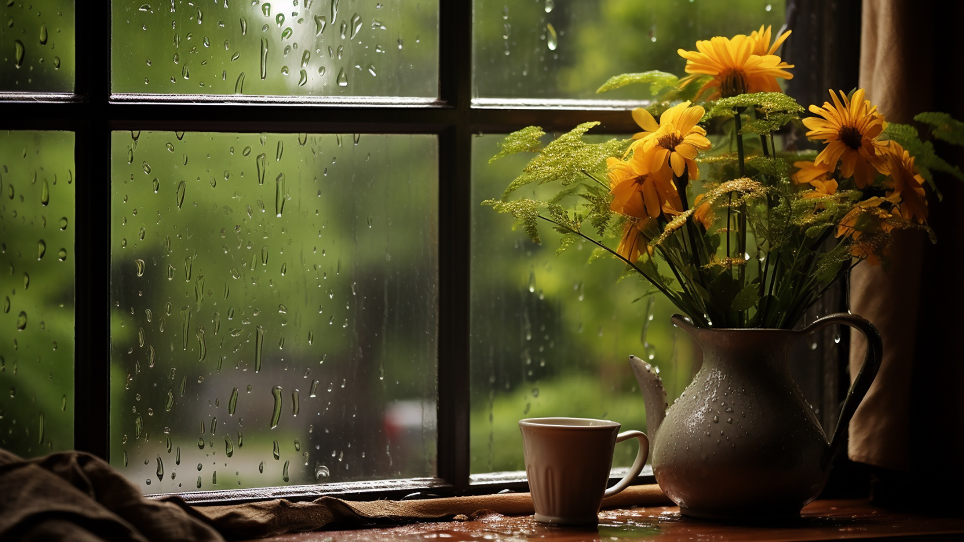 Therapeutic rainy window desktop wallpapers for mindfulness stock photo