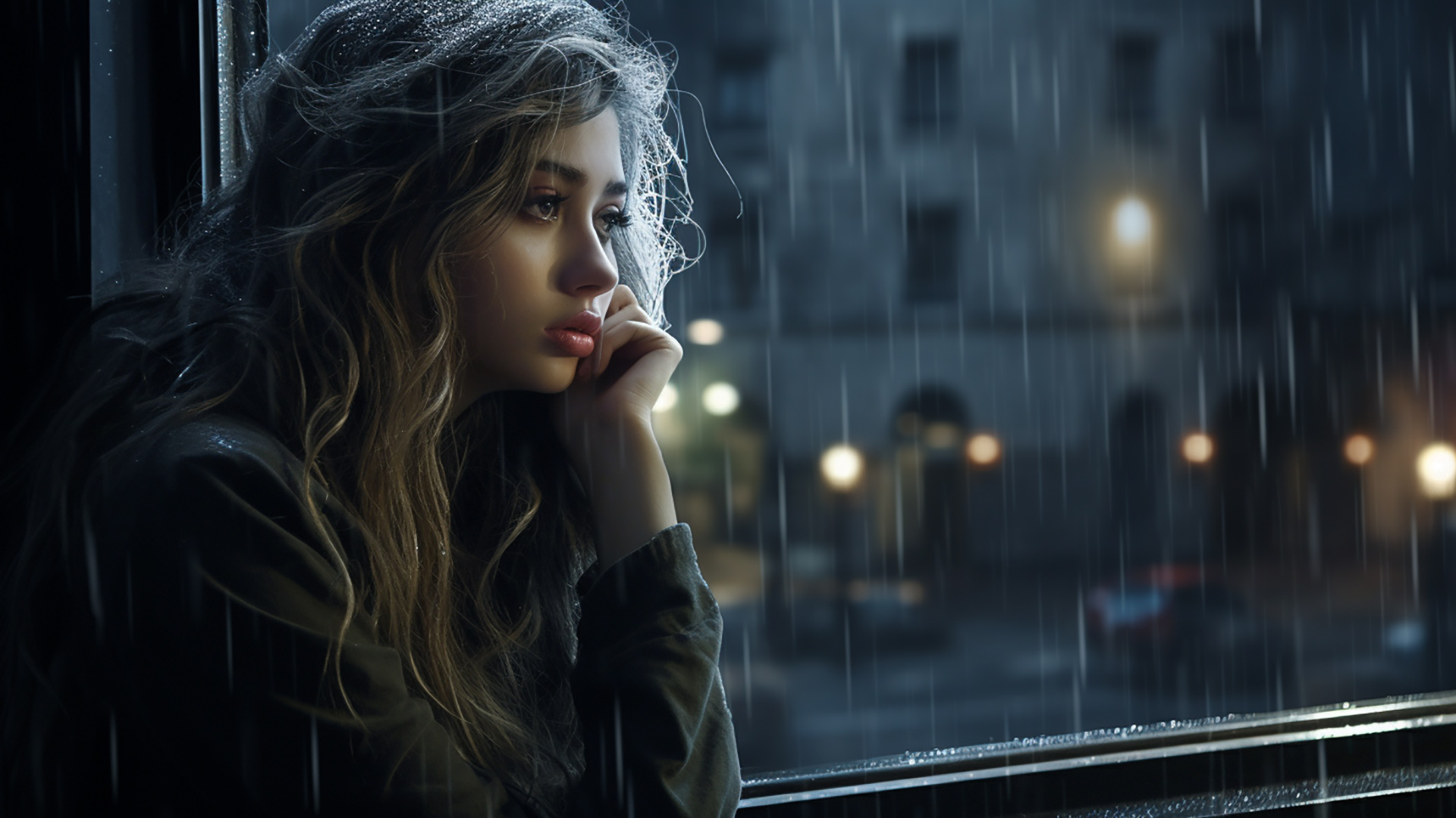 Rainy view with girl in window desktop wallpaper