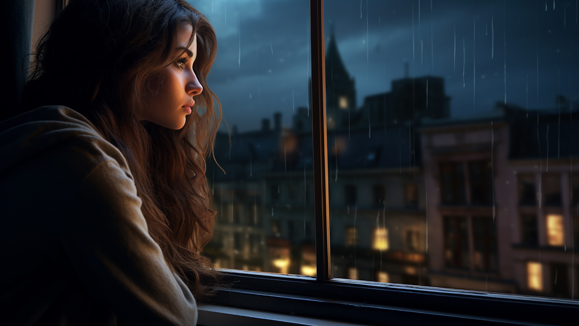Mood-setting wallpapers: Rainy window and girl for introspection