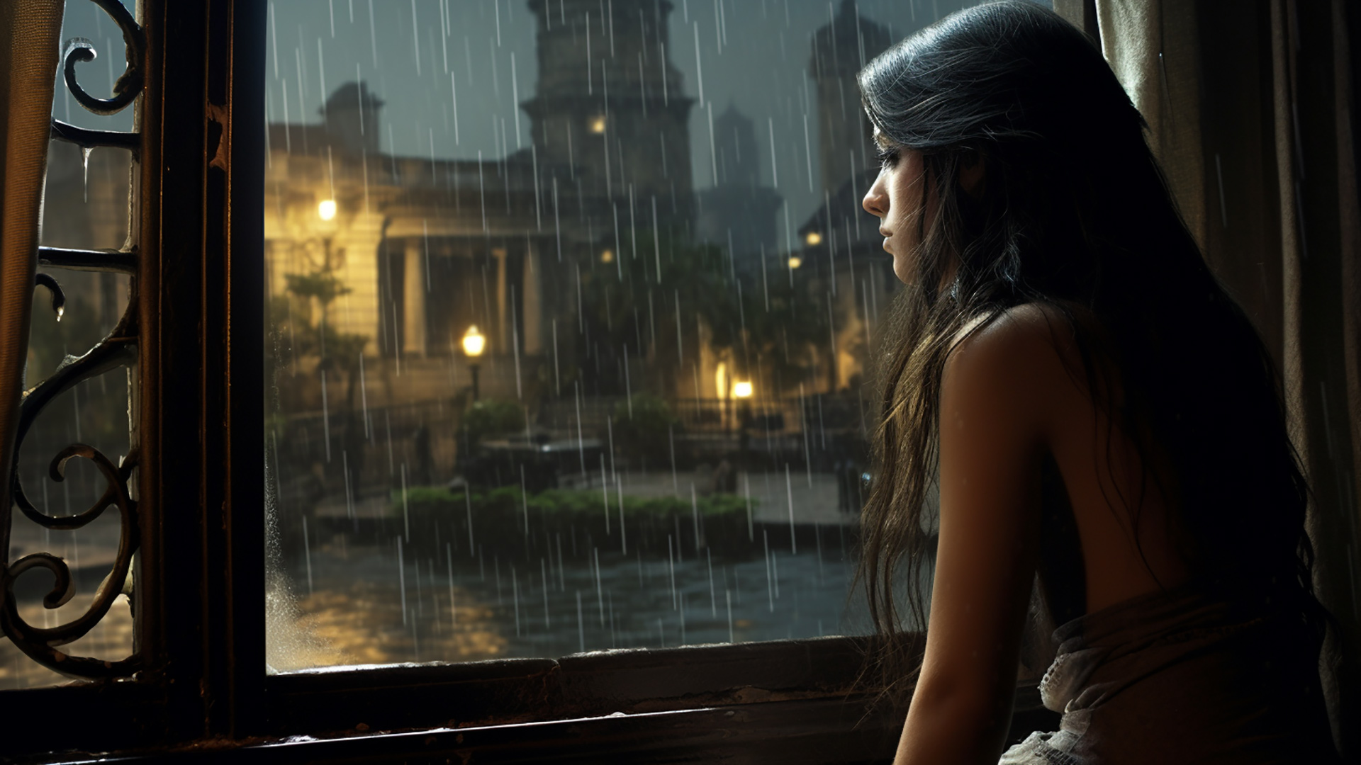 4k Rainy day scenes with a girl behind the glass wallpaper