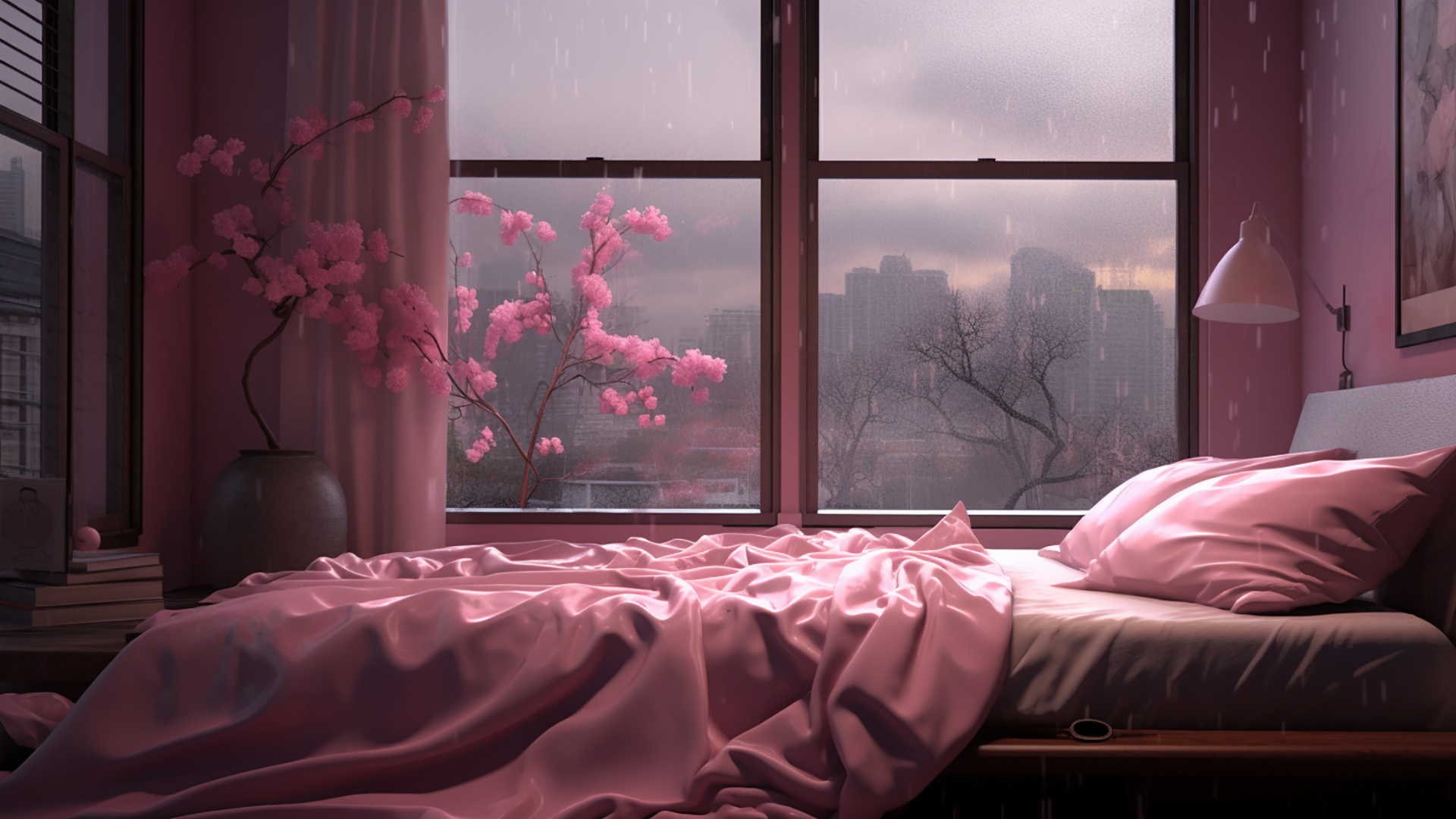 Cozy Pink Bedroom Vibes: Rainy Day View Desktop Wallpaper