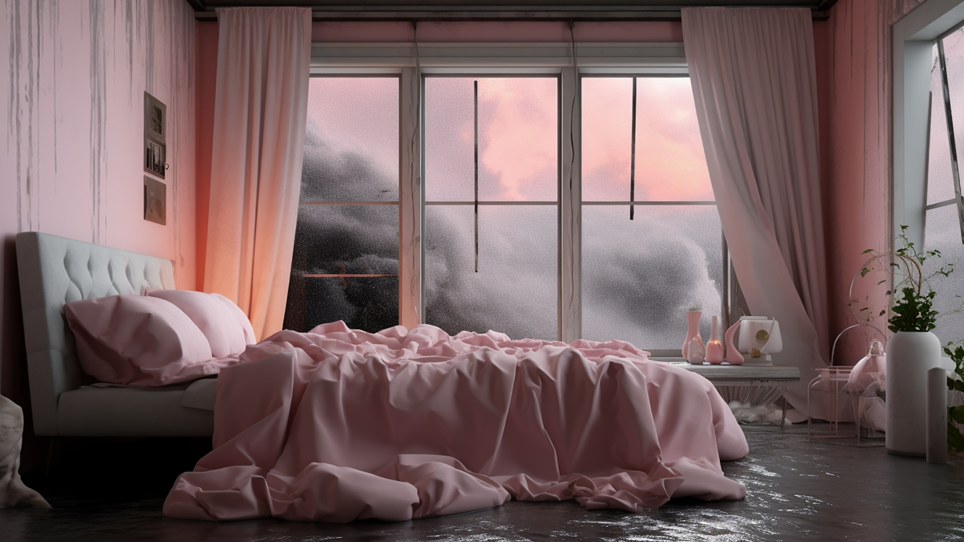 Pink Bedroom and Rainy Window Wallpaper