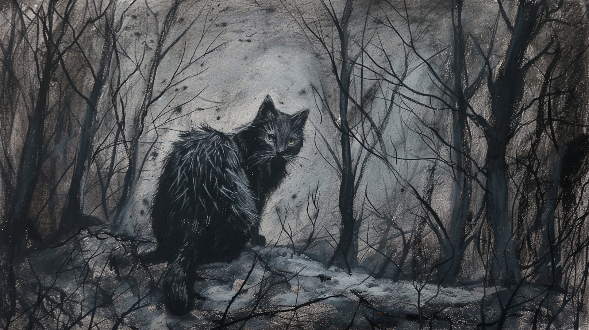 Explore Minimal Art: Grey Cat in a Mysterious Forest Background