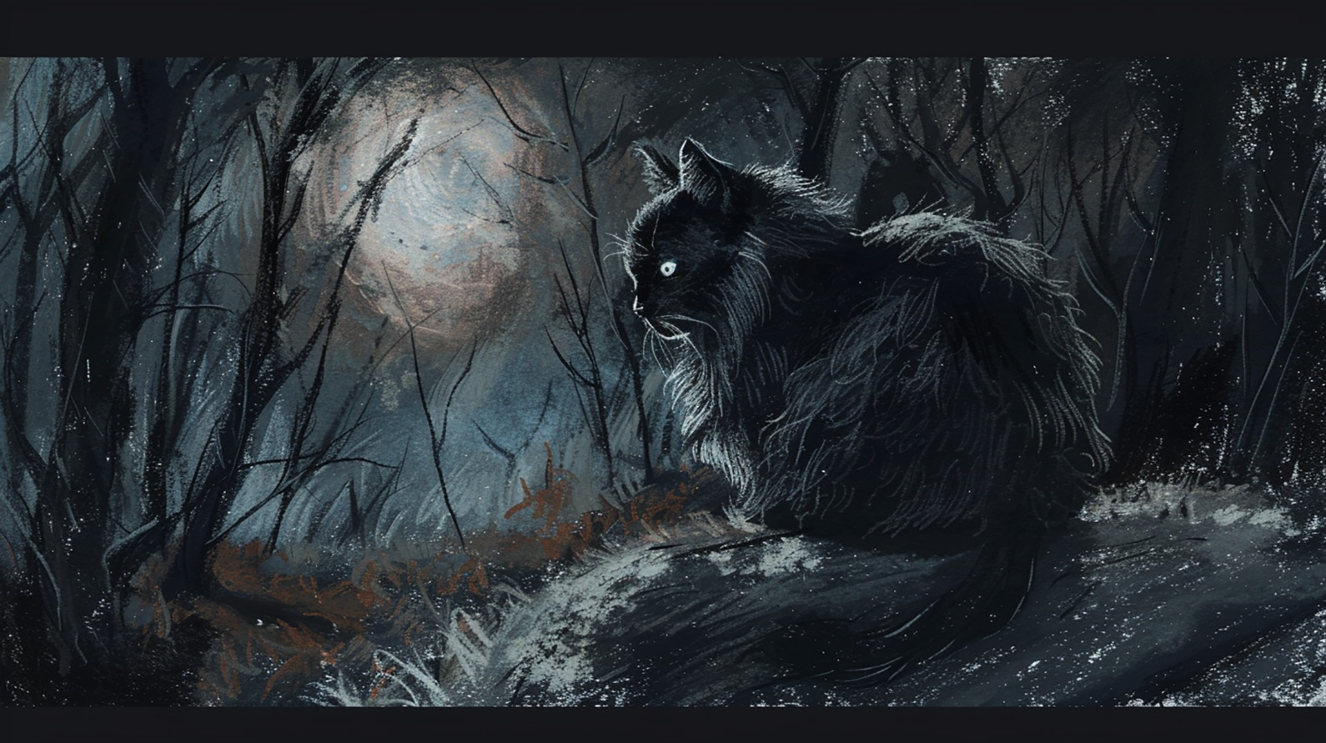 Full Body Sketch of Grey Cat in Spooky Forest: Download in 4K