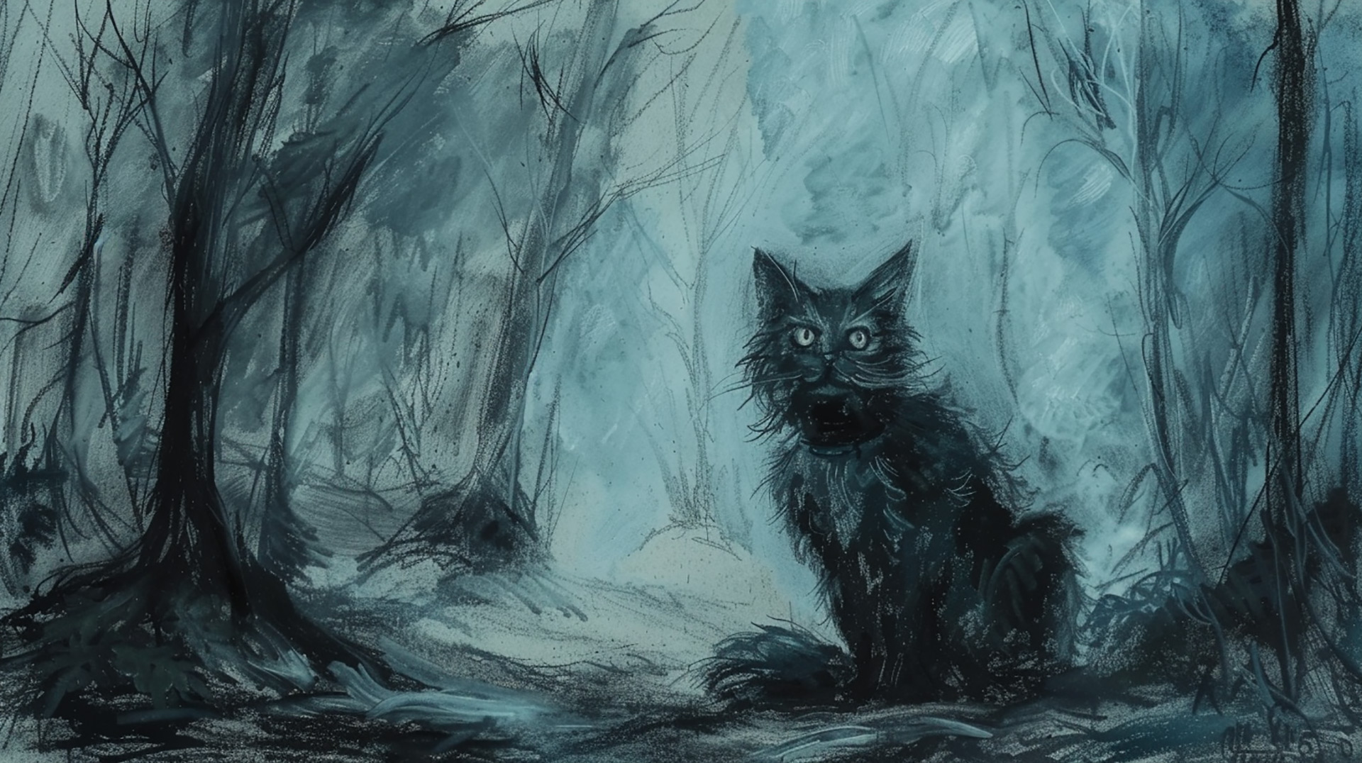 Uncover the Charm: Minimalist Grey Cat Art in a Haunted Forest