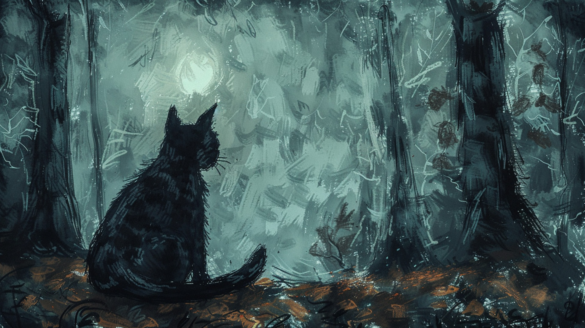 Eerie Minimalist Sketch: Grey Long-Haired Cat in a Spooky Forest