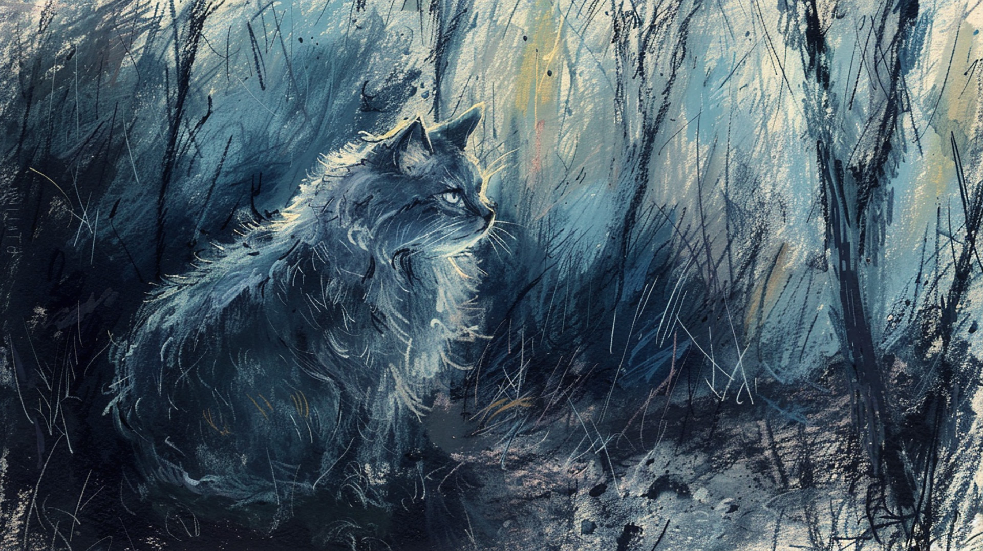 Minimalist Grey Cat in Spooky Forest: Oil Pastels Sketch in HD