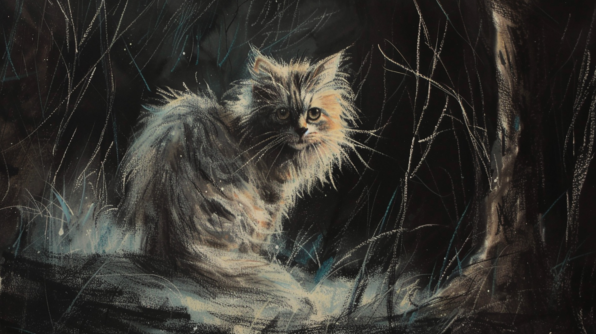 Download Mysterious Forest Scene with Grey Cat in Pastel