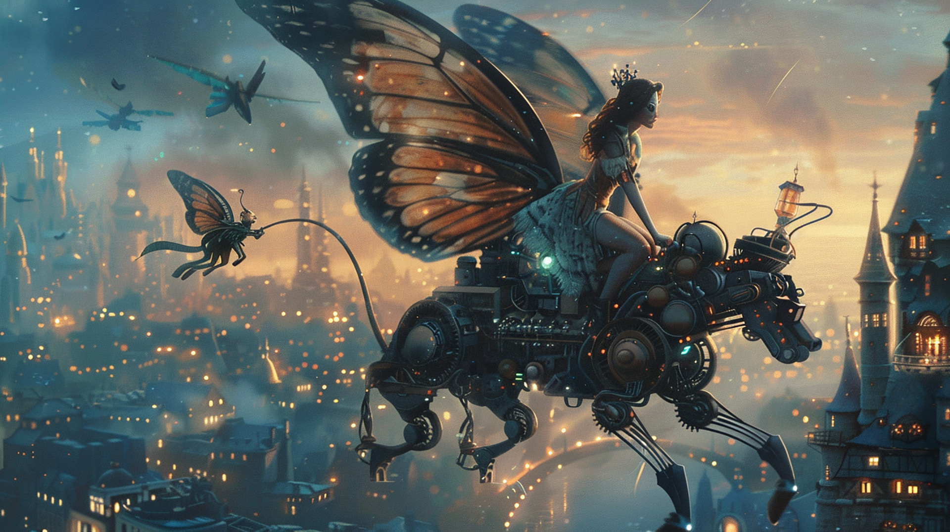 Whimsical Sky Adventures: Fairy and Robot Dog in Flight Wallpapers