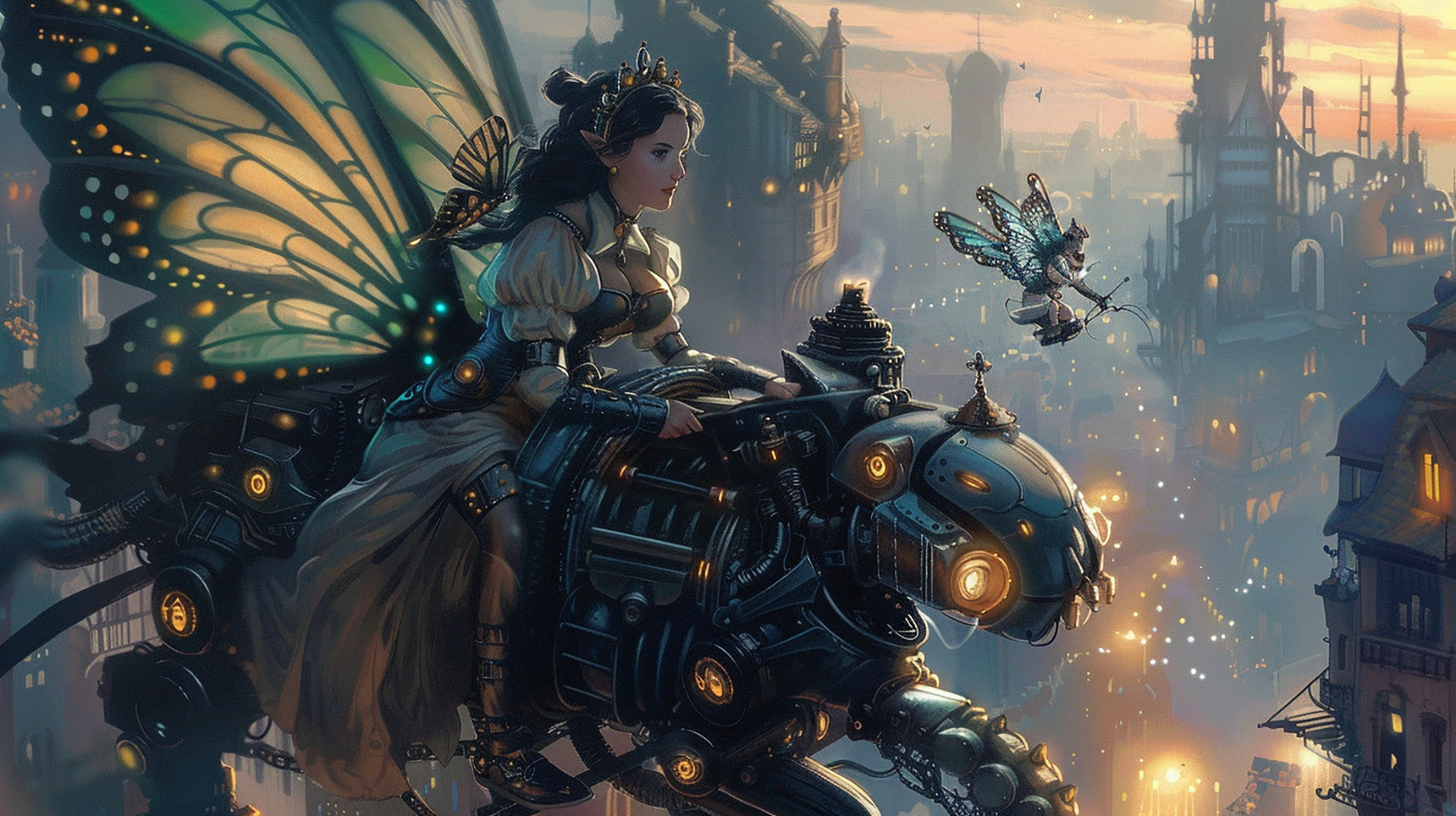 Magical Flight: Female Fairy and Robot Dog in the Skies