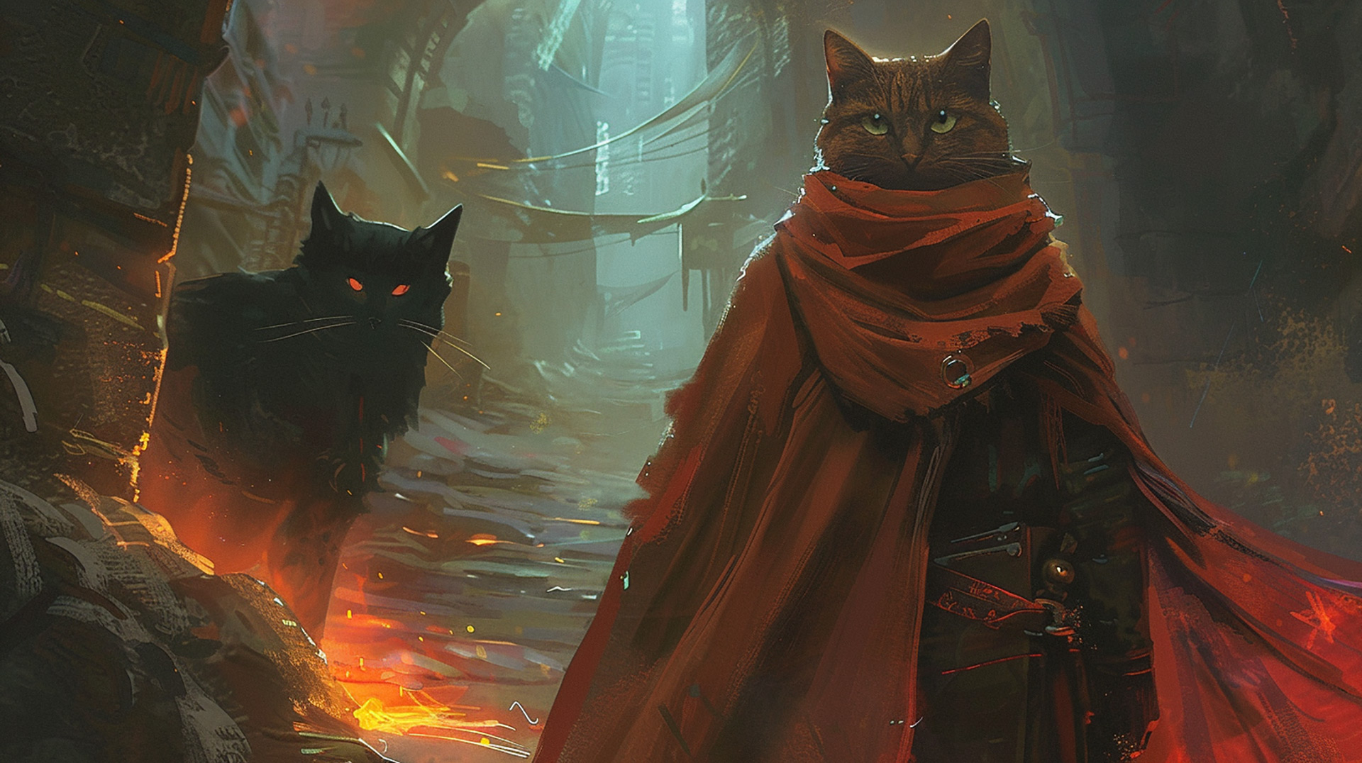Free HD Wallpapers: Humanoid Cat Rogue in Cloak Against Beholder