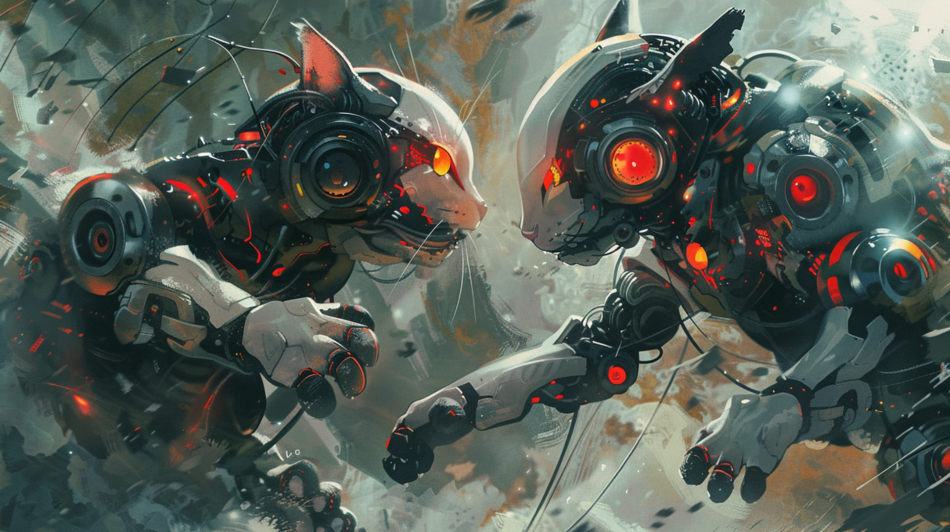 Free Wallpapers: Intense Robot Cat Battles in 8K