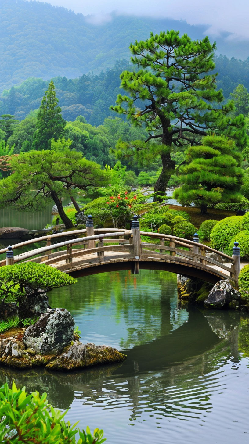 Serene Japanese Garden with Cherry Blossoms