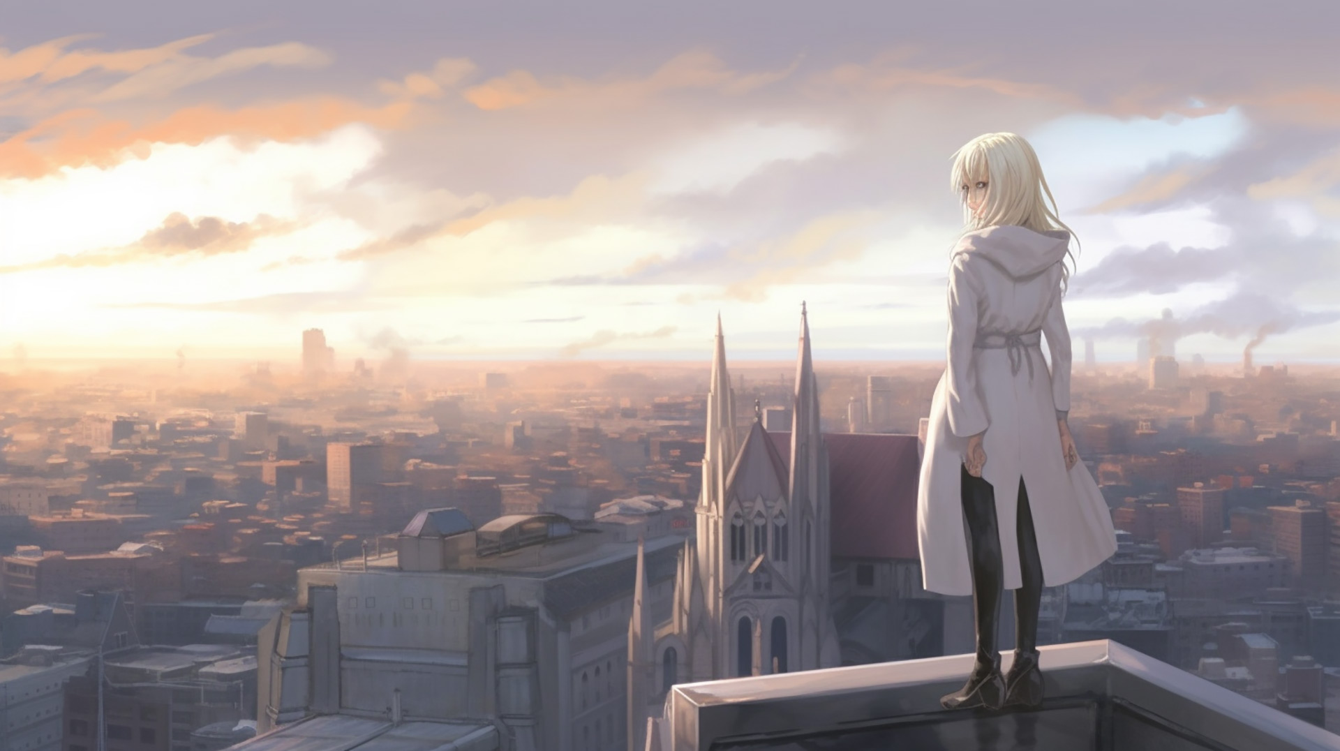 Cityscape Serenity: Anime Girl Desktop Background