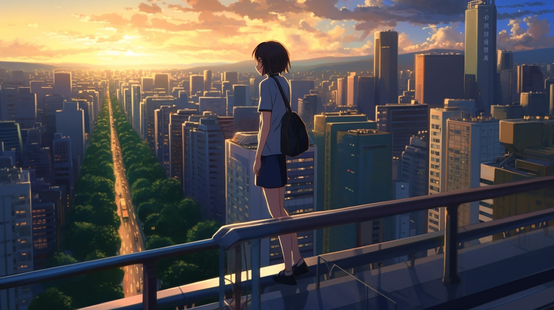 Urban Twilight: Anime Girl in Cityscape Desktop Background