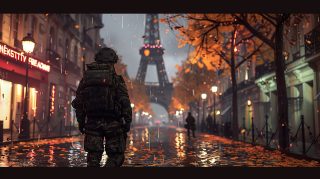 Urban Protector: Futuristic Soldier in Paris 2100 Wallpaper