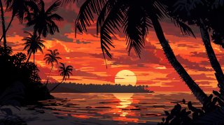 Tranquil Beach Sunset: AI Bliss for Desktop