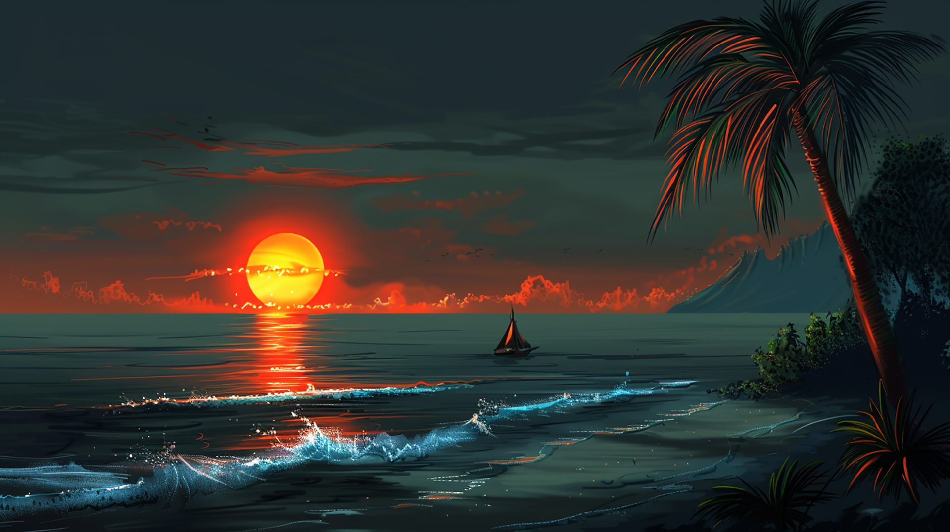 Dazzling Dusk: AI Beach Sunset Desktop Image
