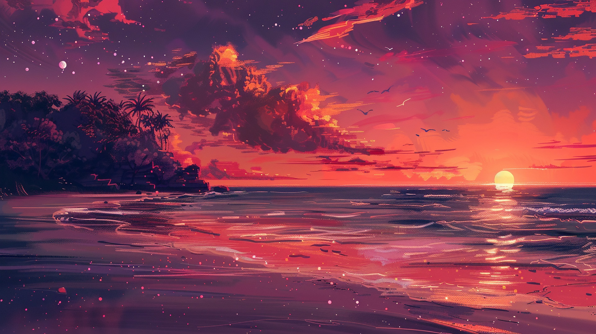 Beachfront Beauty: AI Beach Sunset Desktop Wallpaper