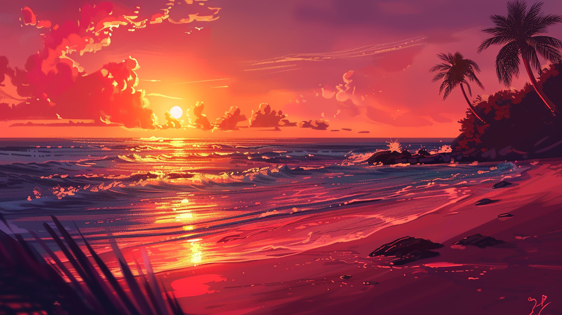 Evening Bliss: AI Beach Sunset Desktop Picture