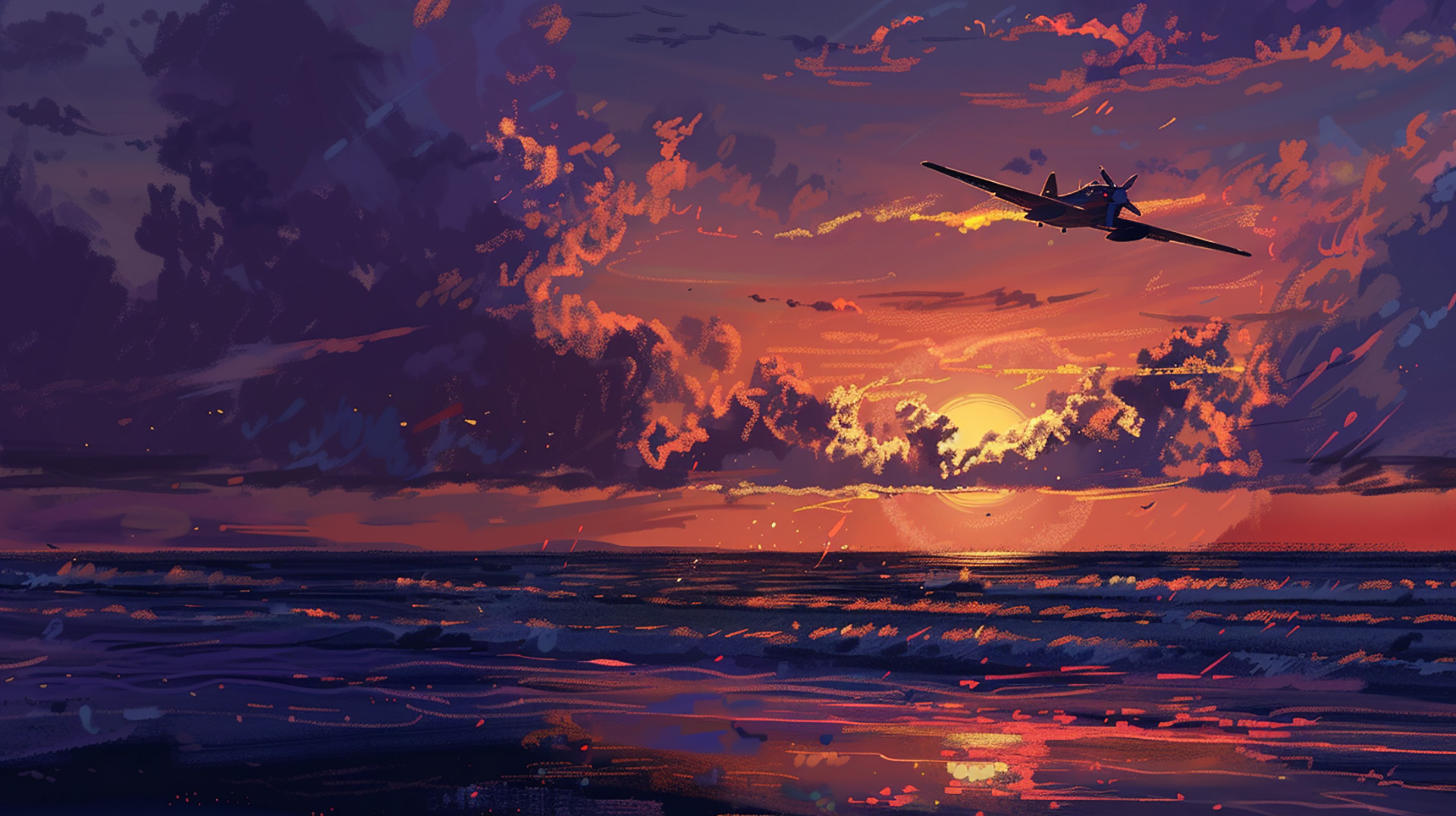 Shoreline Radiance: Digital Beach Sunset Desktop Scene