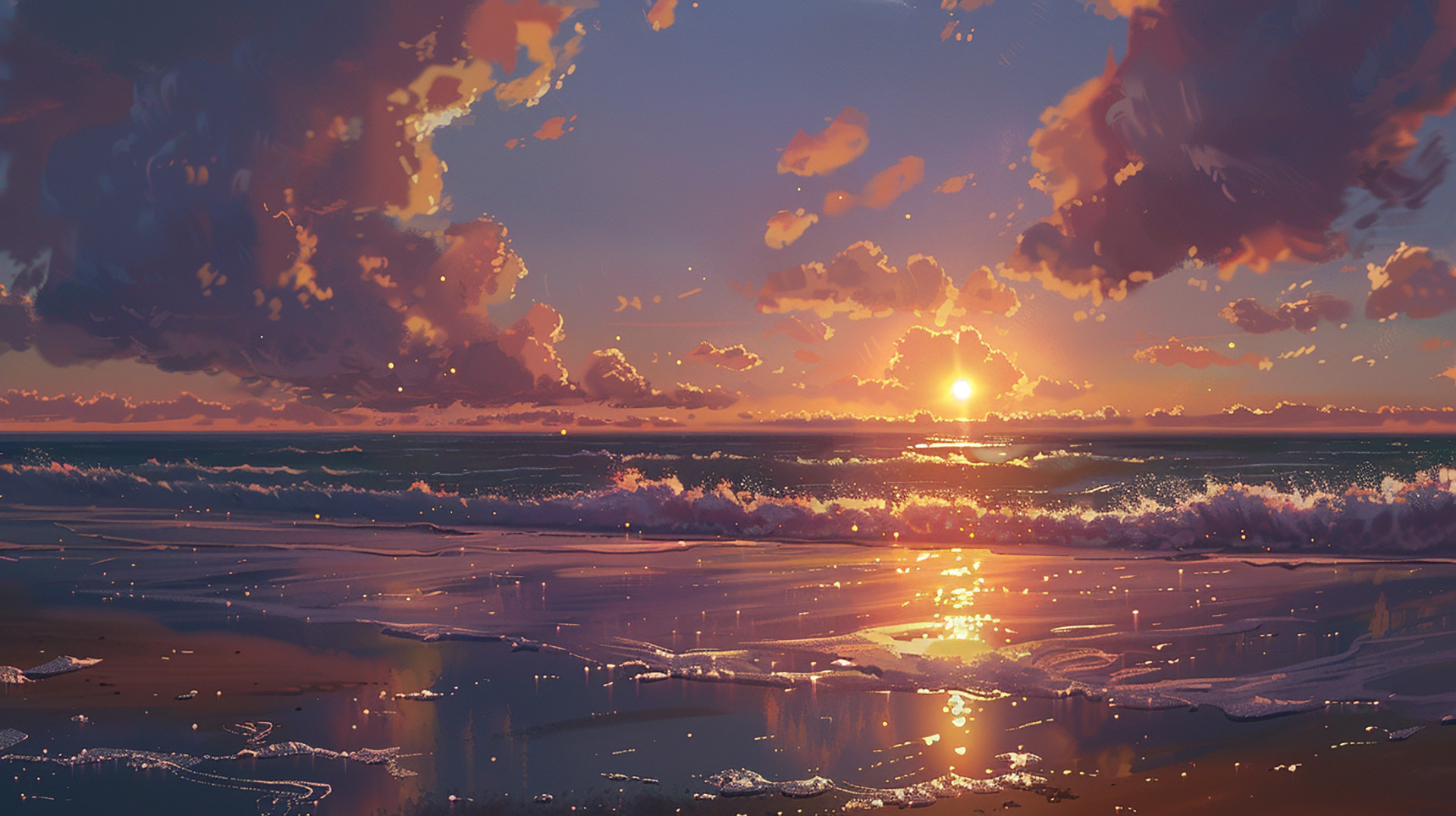 Seaside Tranquility: Digital Beach Sunset Wallpaper