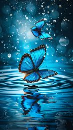 Blue Butterflies Floating Over a Serene Lake