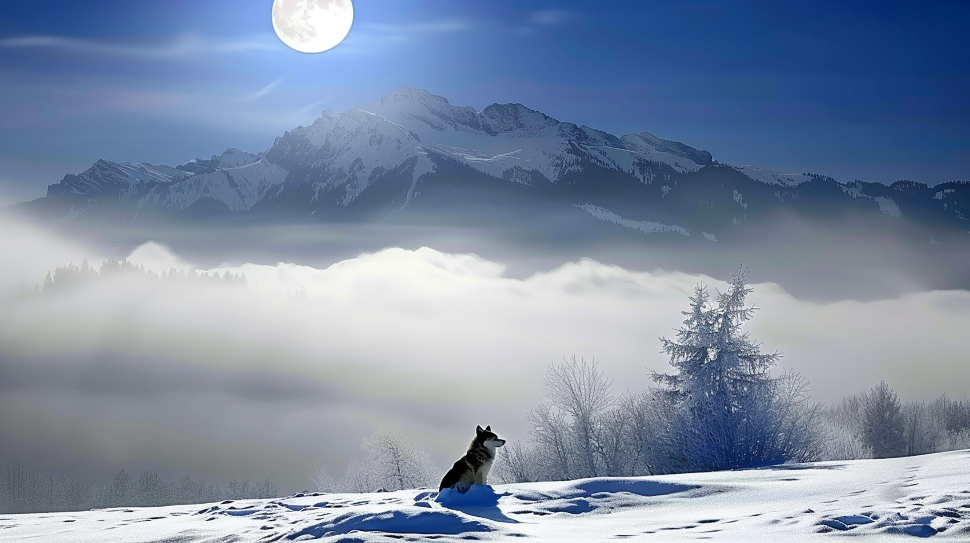 Mystical Blue Wolf with Full Moon Background