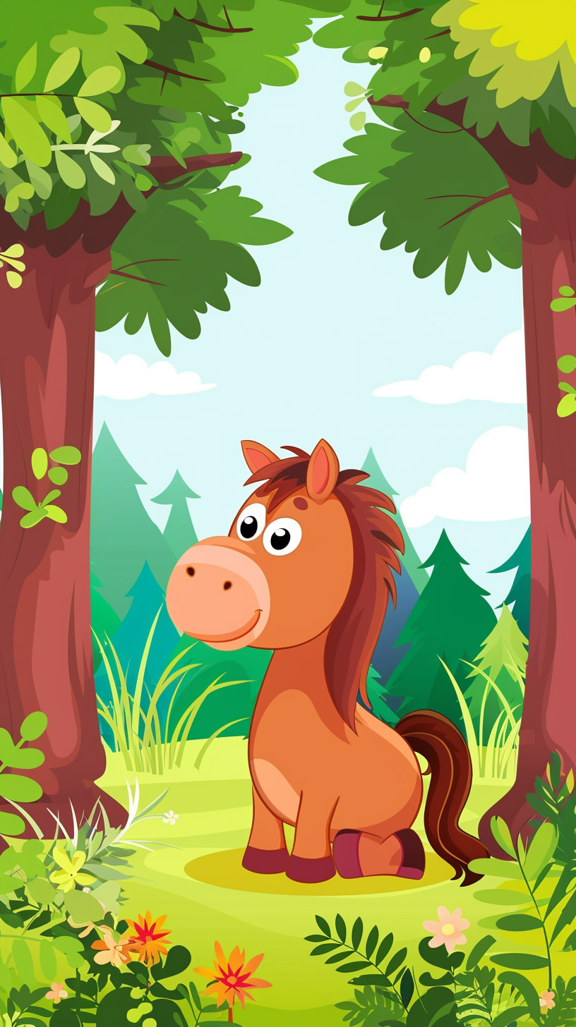 Cartoon Horse in Field: Whimsical iPhone Background