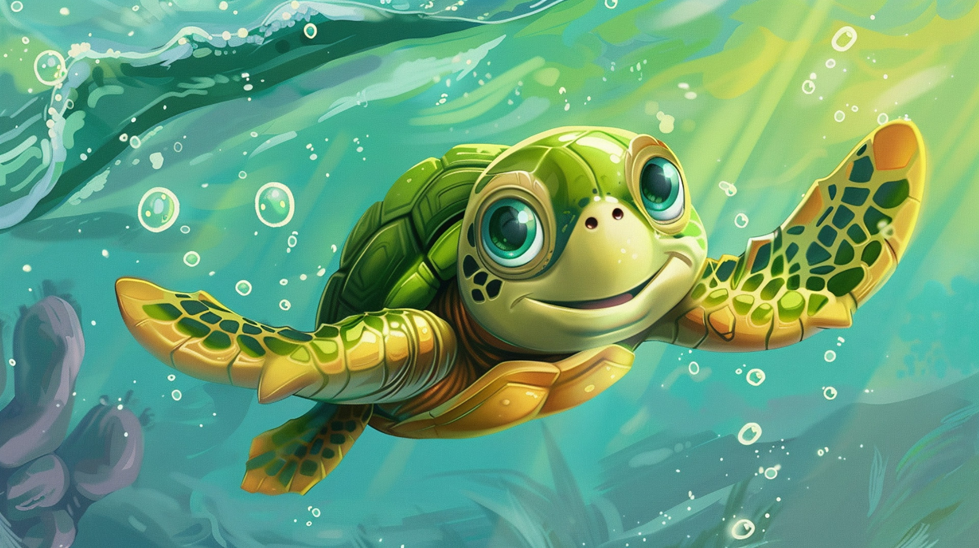 Tranquil Turtle Hideaway: HD Cartoon Turtle AI Wallpaper