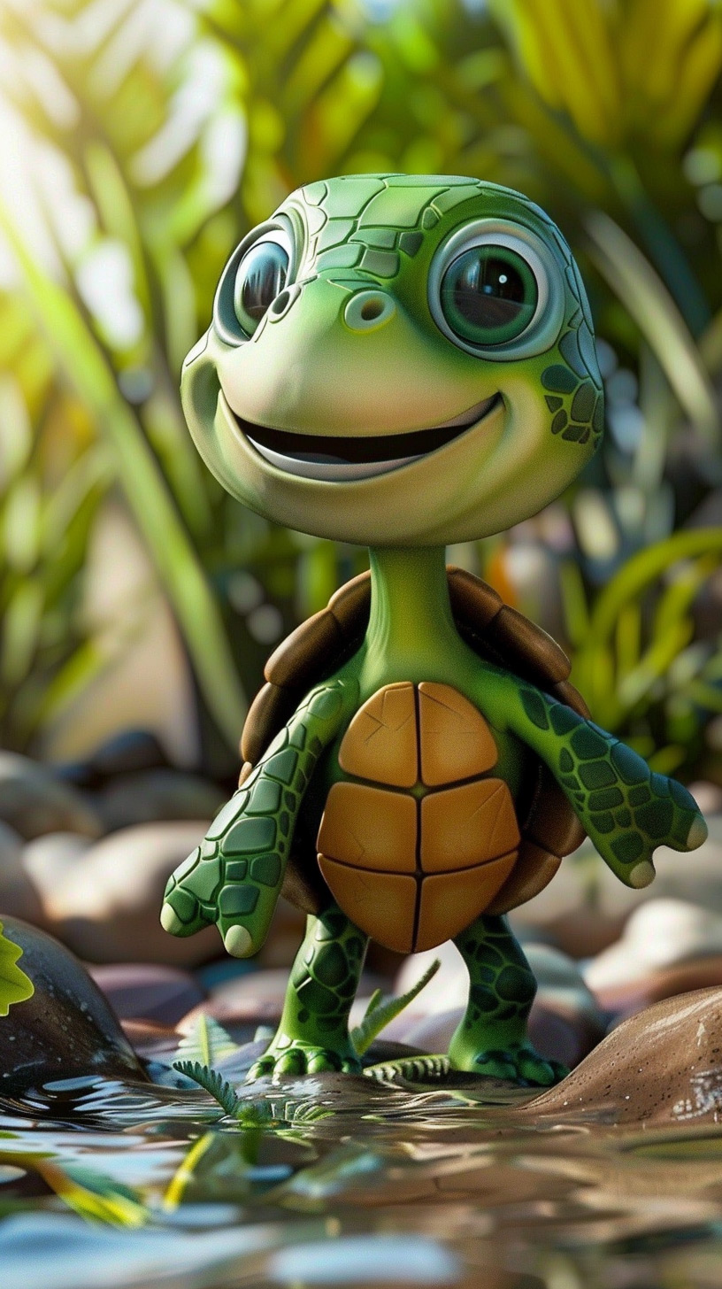 Joyful Cartoon Turtle Journey: Cheerful Phone Wallpaper