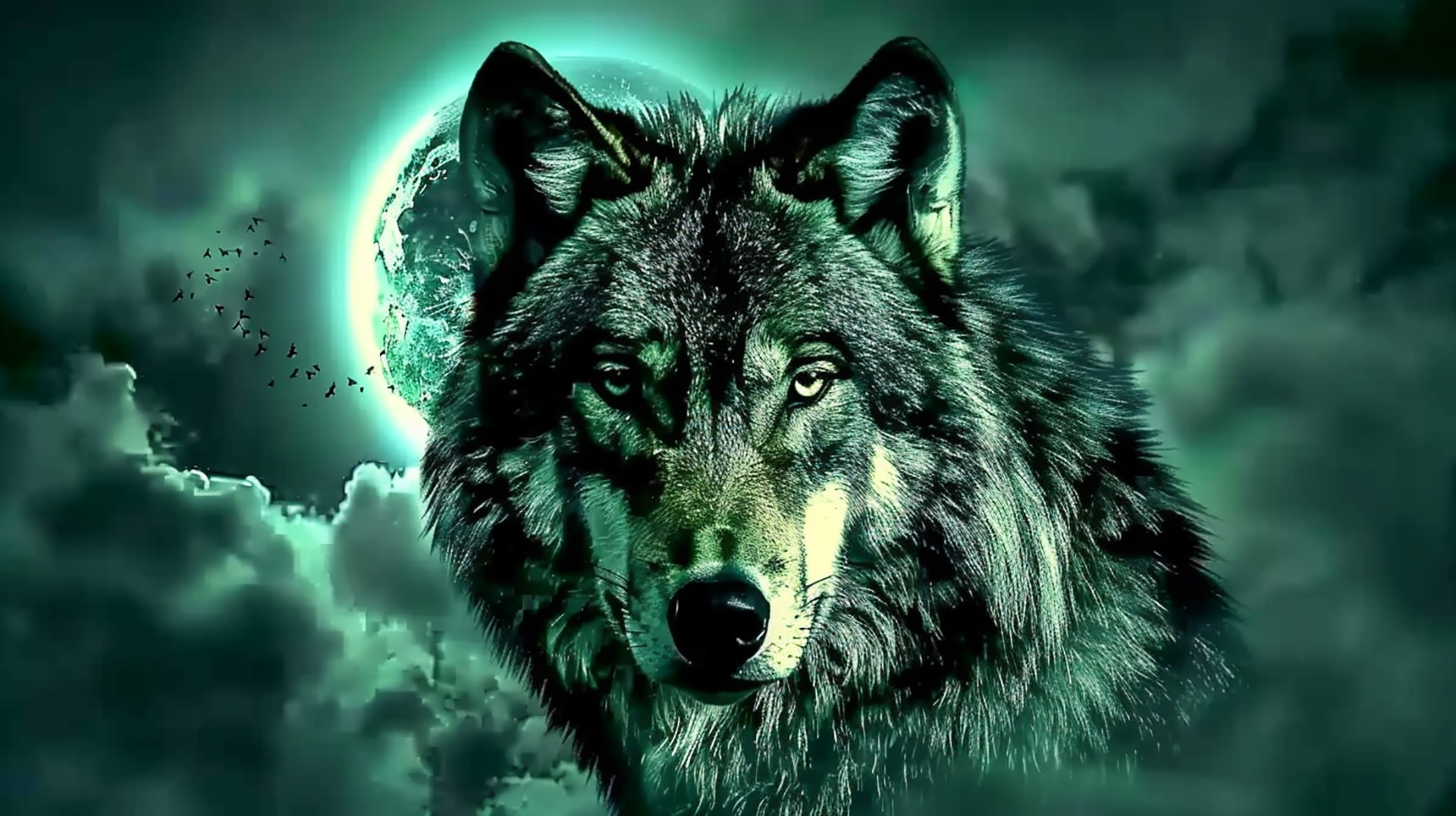 Playful Wolf Pup and Full Moon Wallpaper