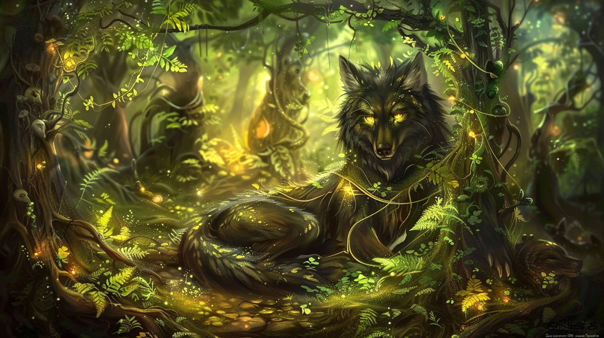 Cuddly Wolf and Moon in Forest Wallpaper