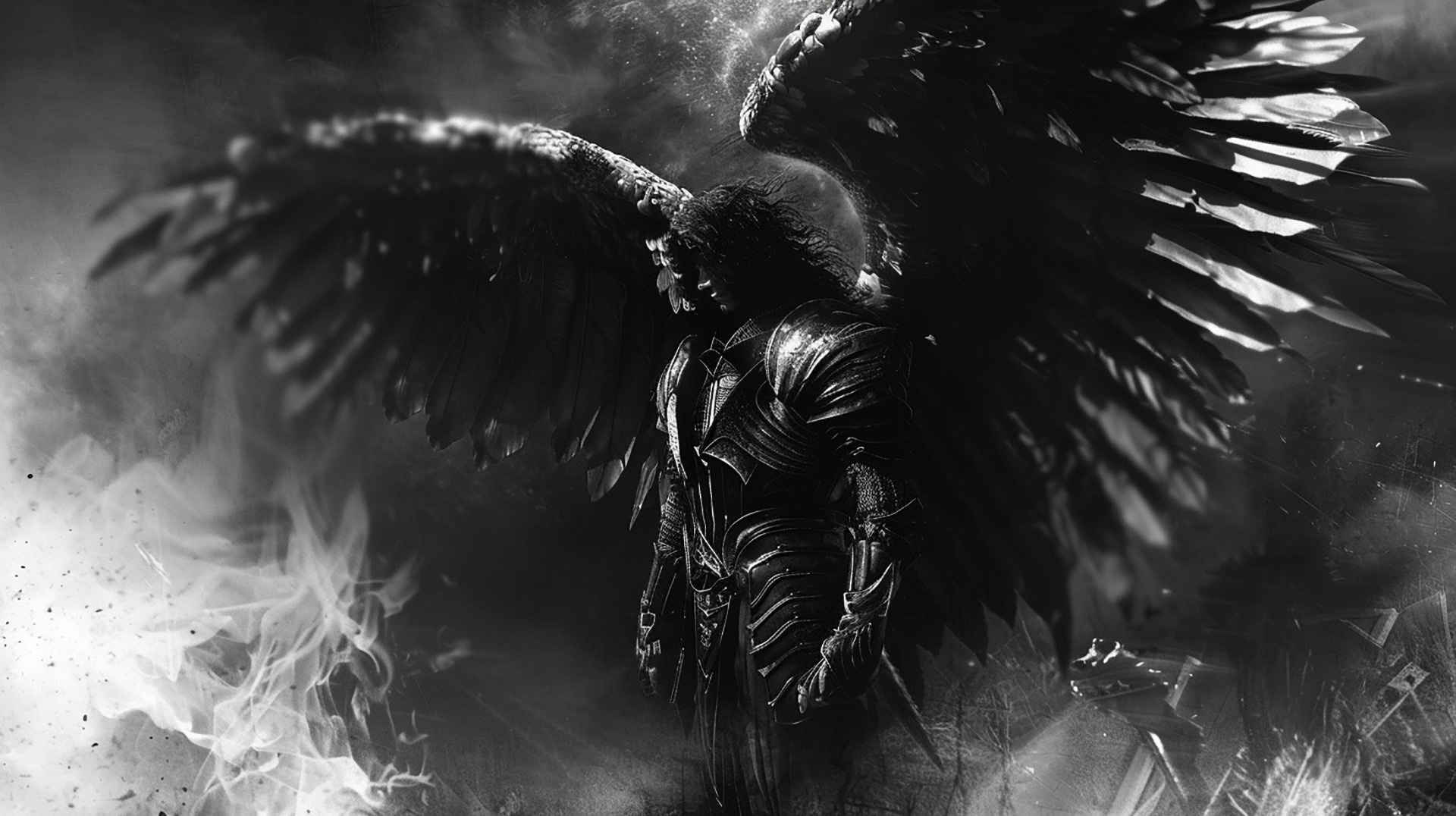 Shadowy Dark Angel with Raven Companion HD Wallpaper