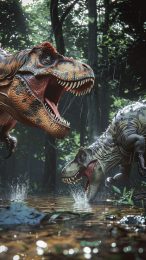 Epic Dinosaur Battle in AI Wallpaper