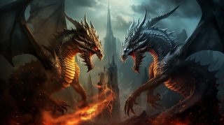 Fiery Battle Royale: Dragons in Combat Wallpaper