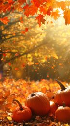 Vibrant Autumn Leaves and Pumpkins Background