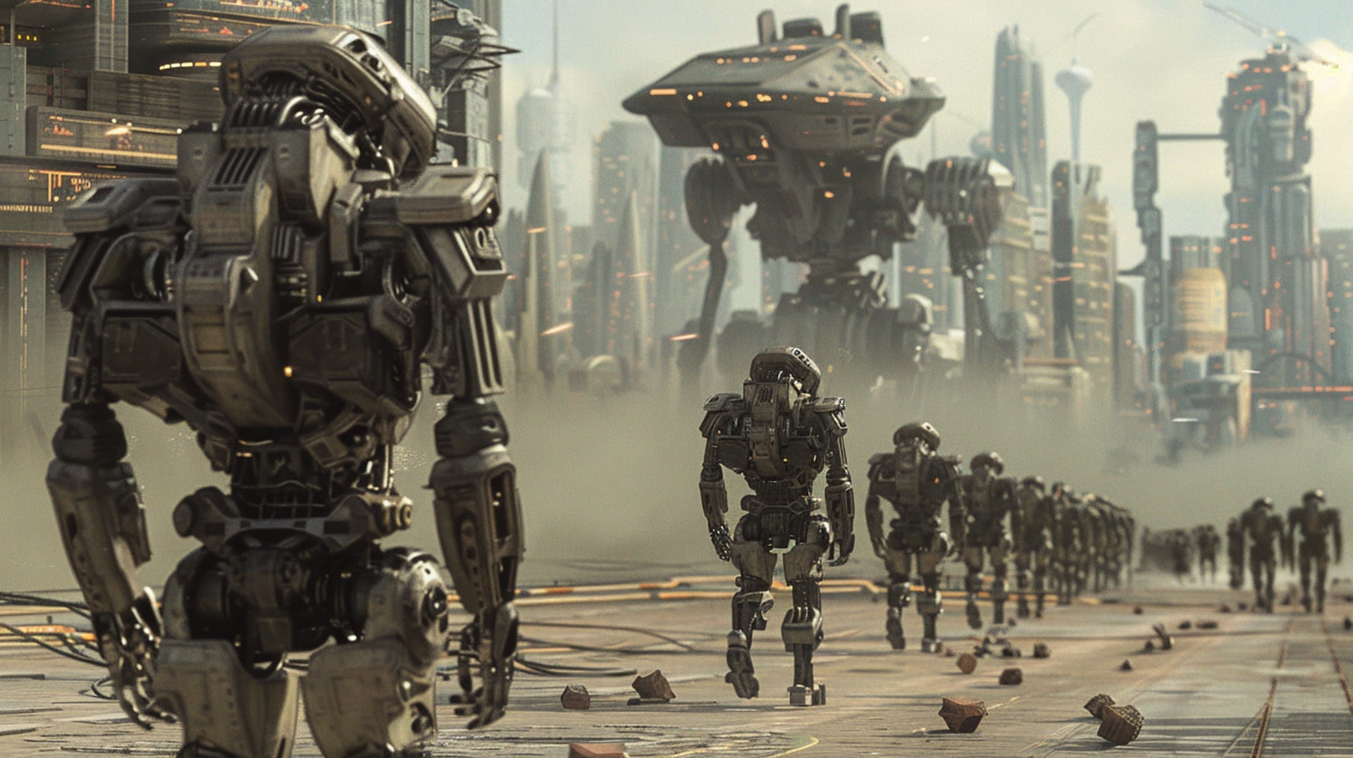 Cybernetic Conflict: Futuristic Cyborg-Human War Army Scene