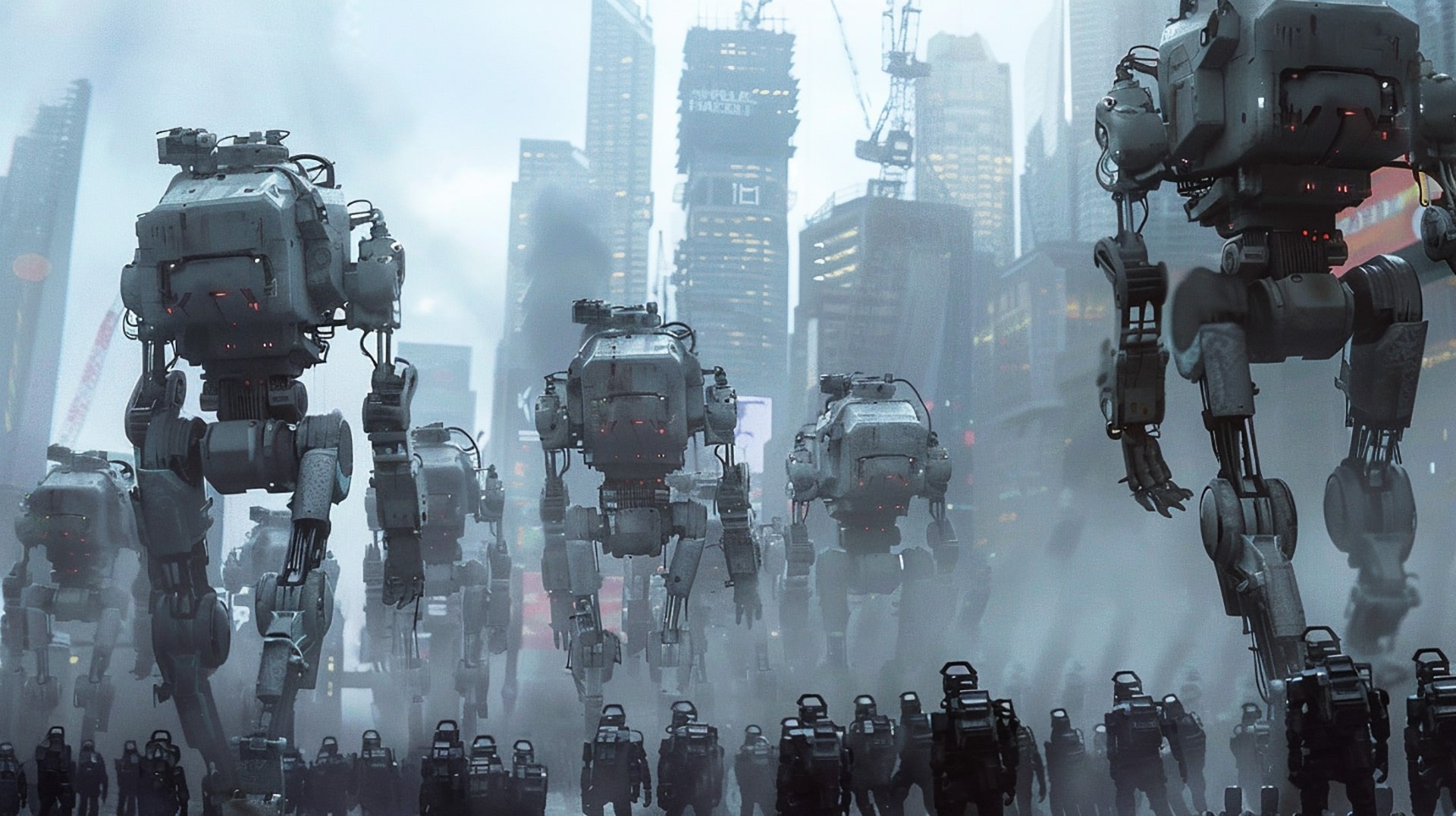 Digital Showdown: Robotic-Human War Army Background