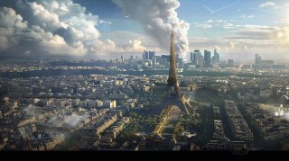 Cyber City Sights: 8K Wallpaper of Future Paris Skyline