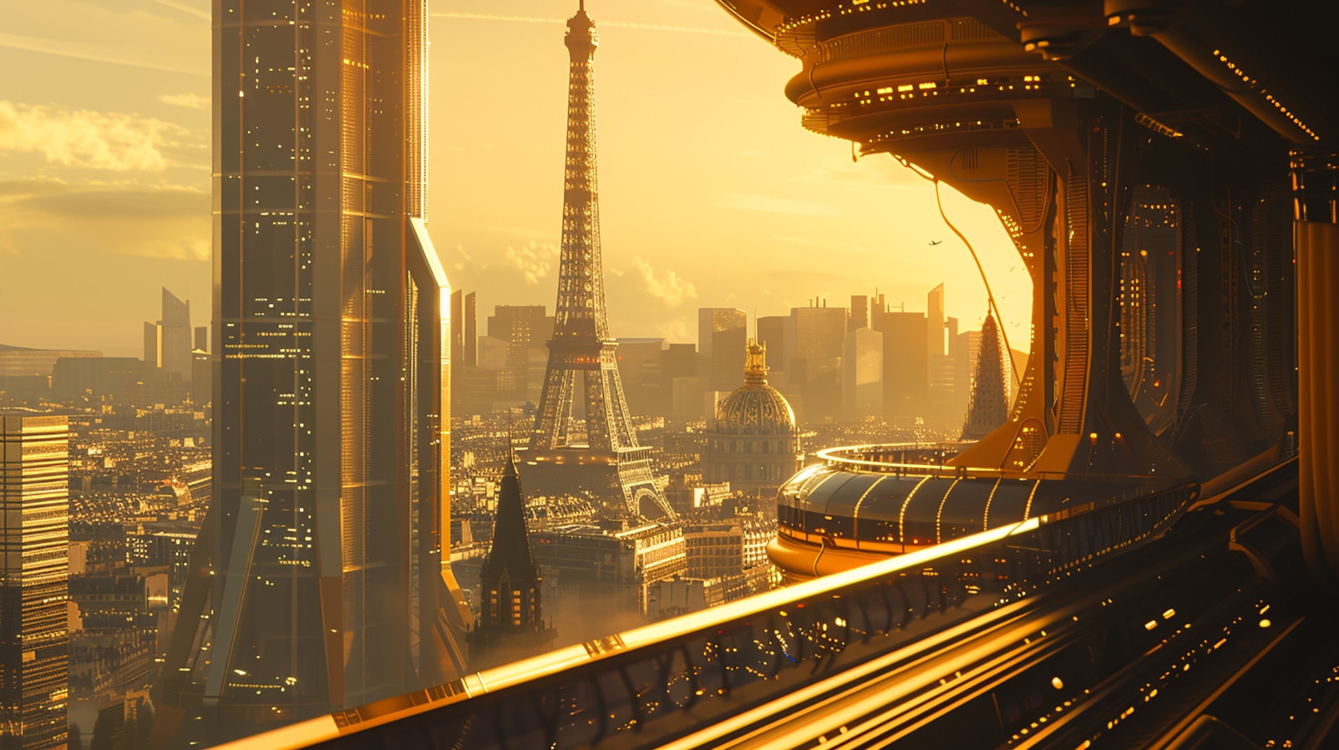 Cybernetic Icon: Futuristic Eiffel Tower Desktop Wallpaper