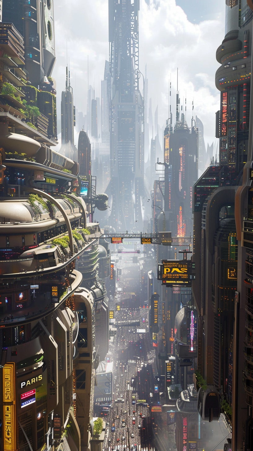 Virtual Vista: 16:9 Mobile Wallpaper of Futuristic Paris