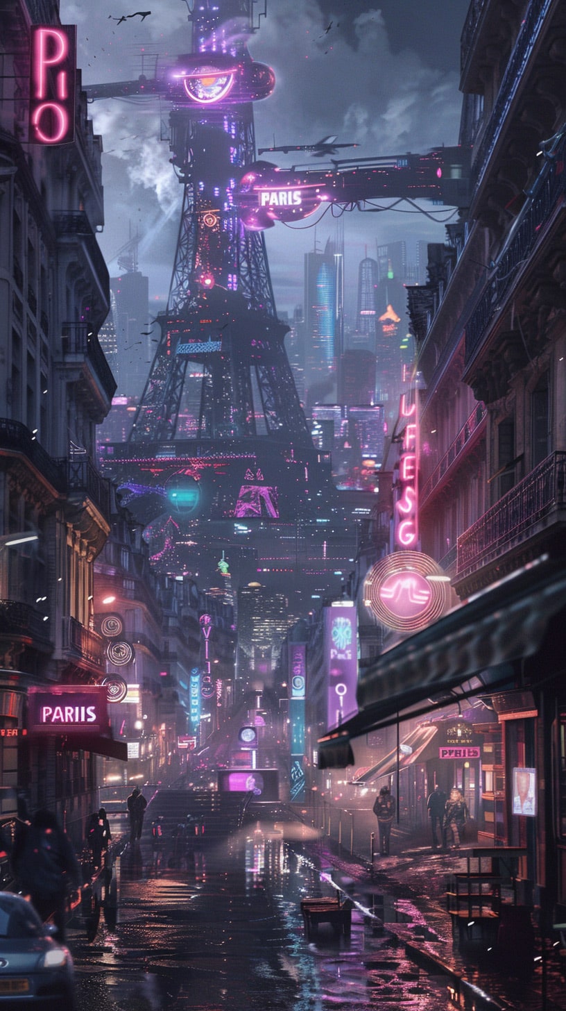 Techno-Thames Tranquility: Digital Mobile Wallpaper of Future Paris