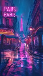 Neon Dreamscape: Digital Mobile Wallpaper of Future Paris City