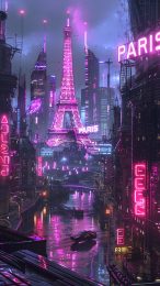 Cybernetic Skyline: AI Wallpaper for Mobile featuring Parisian Tech Hub