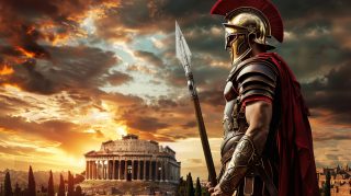 Stoic Gladiator Facing Fierce Opponent Desktop Background